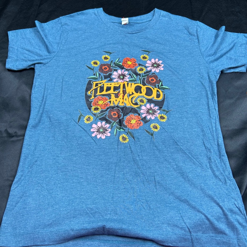 Fleetwood Mac Floral Graphic T-Shirt Blue Heathered Rock Band Tee Women Medium